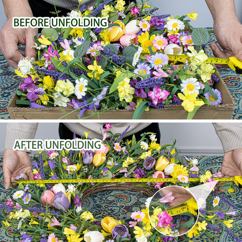 LLZLL unboxed wreath being fluffed for quick setup and full appearance