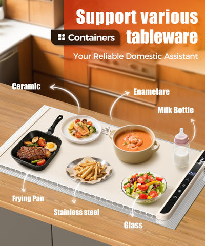 LNNIW warming mat with ceramic plates keeping multiple dishes warm and ready to serve