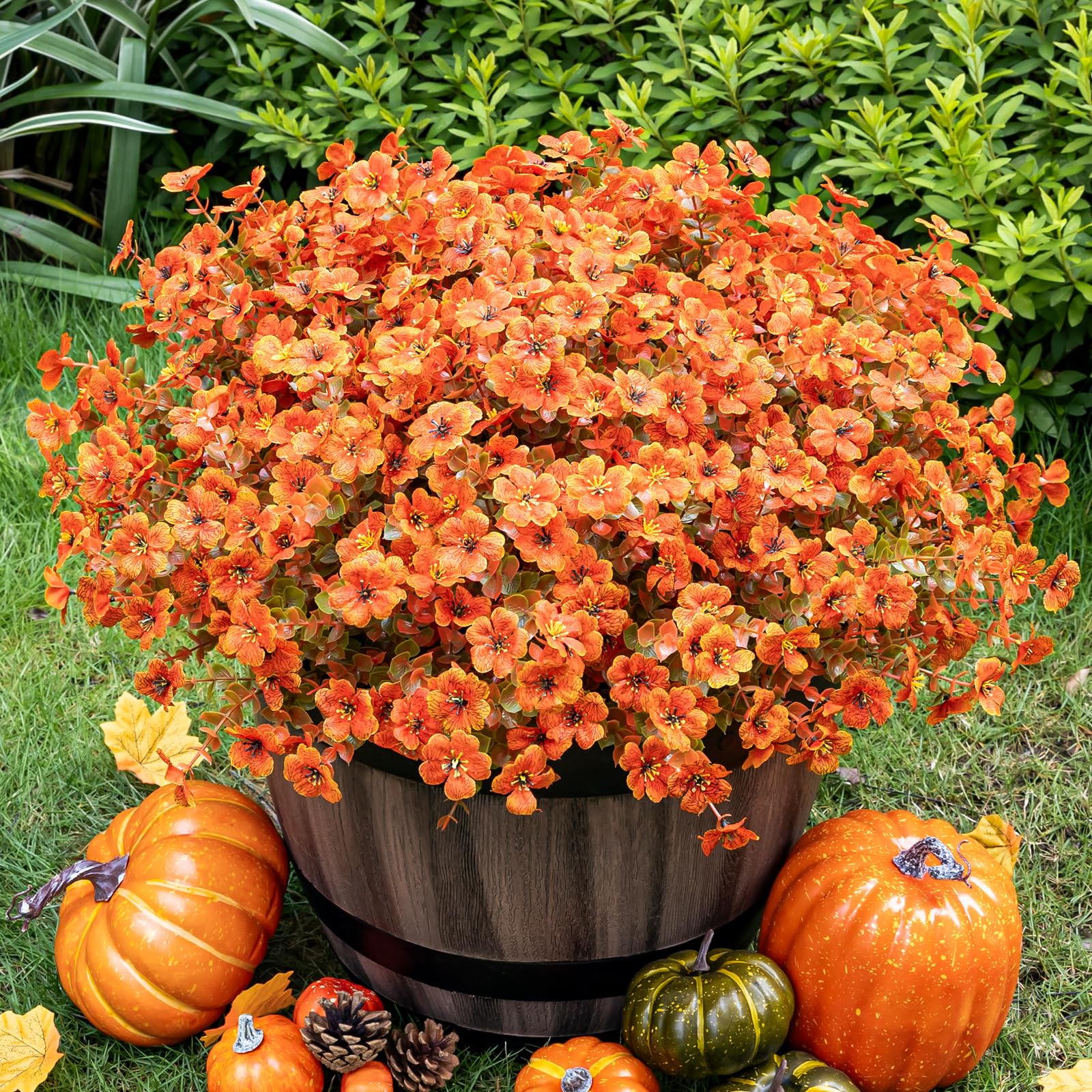 Lnoicy front view of 20 fall flower bundles showing full set and colors for instant curb appeal