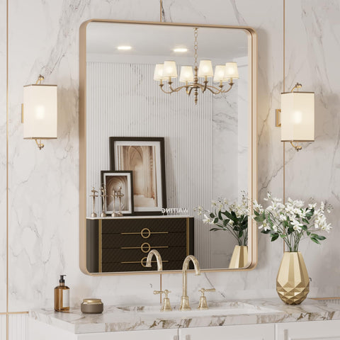 LOAAO mirror front view showing clear reflection and gold frame benefit of elegance