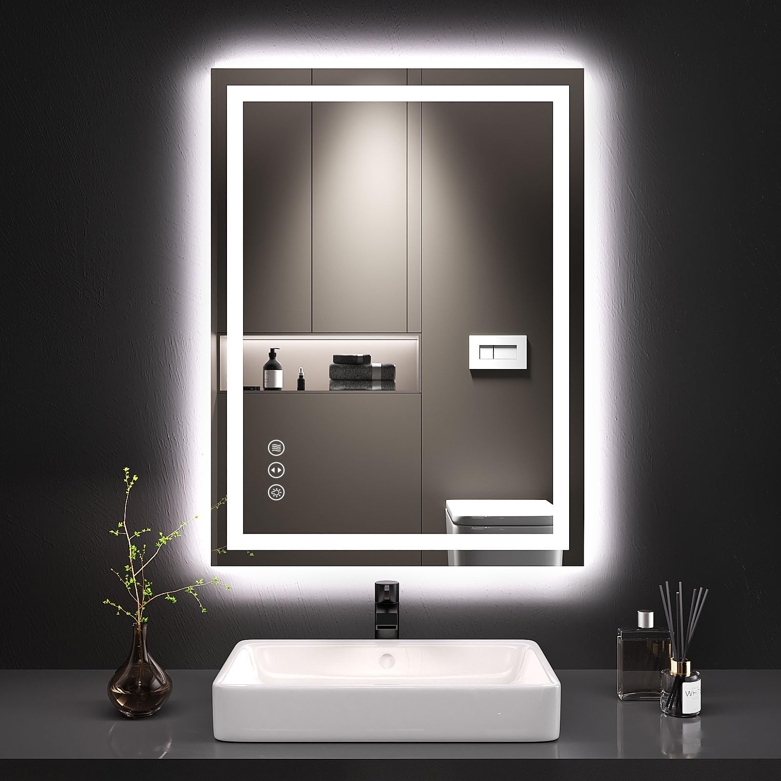 LOAAO front view of 24x32 LED mirror showing bright even lighting benefit