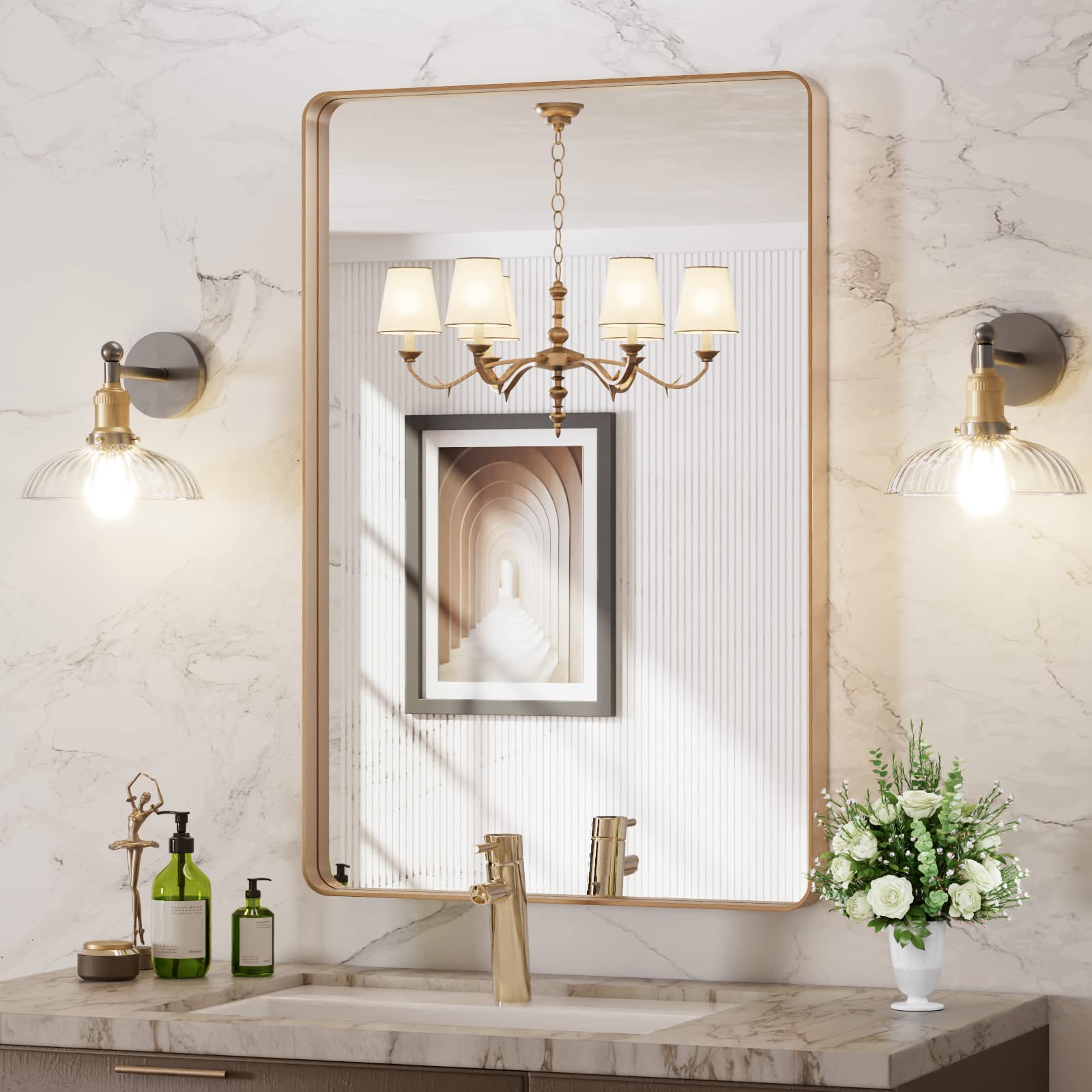 LOAAO front view of brushed-gold framed mirror showing elegant modern look