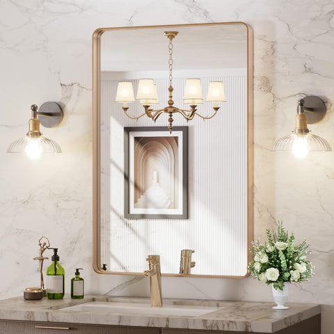 LOAAO front view of brushed-gold framed mirror showing elegant modern look
