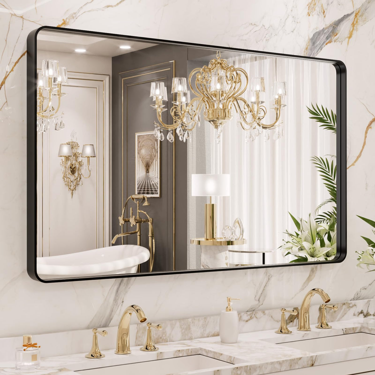LOAAO front view of black metal framed mirror shows modern look and clear reflection