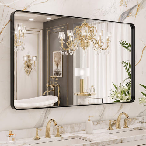 LOAAO front view of black metal framed mirror shows modern look and clear reflection
