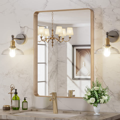 LOAAO front view of 22x30 gold mirror showing clean modern design and benefit of clear reflection