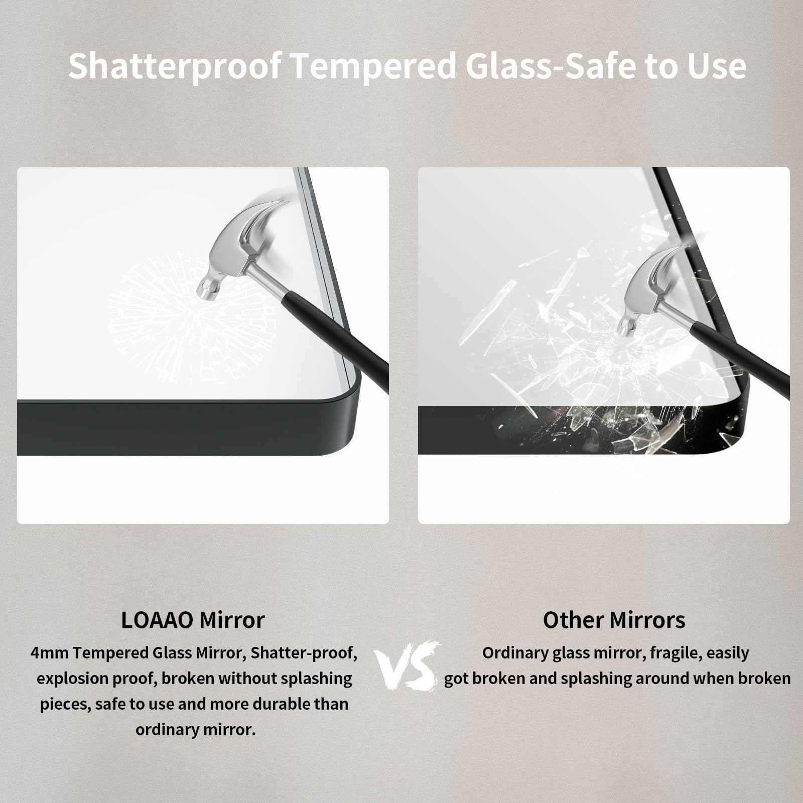 LOAAO mirror beside stool for scale showing large 40x36 inch size advantage