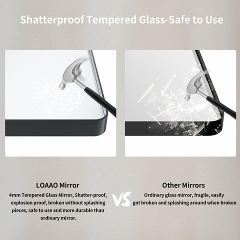 LOAAO mirror beside stool for scale showing large 40x36 inch size advantage