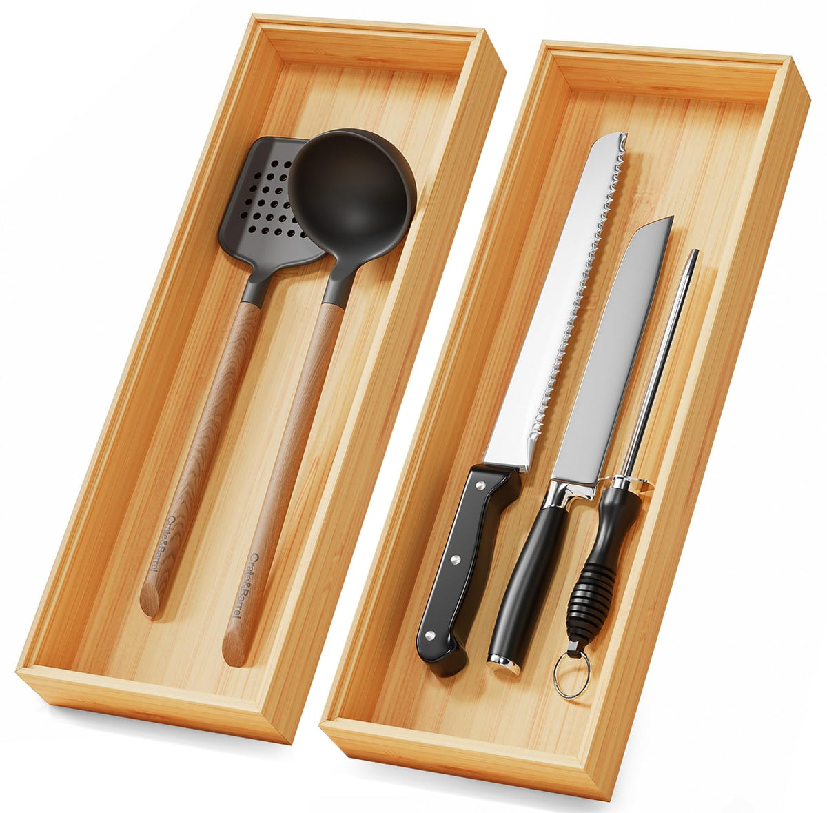 Lochantie front view of 17x6 bamboo drawer organizer showing clean design and storage benefit