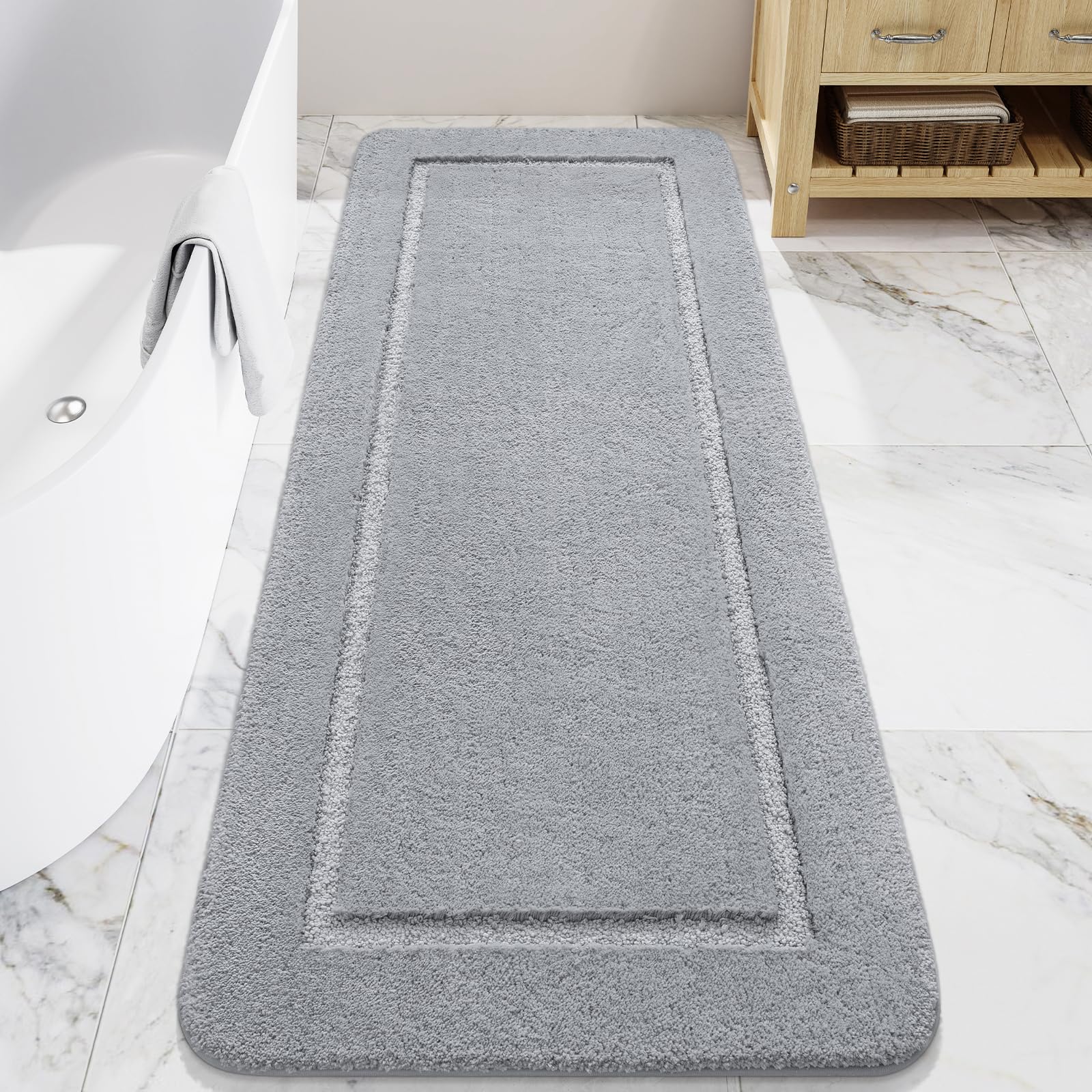 LOCHAS front view of grey 24x60 bath mat showing plush surface and neutral color benefits