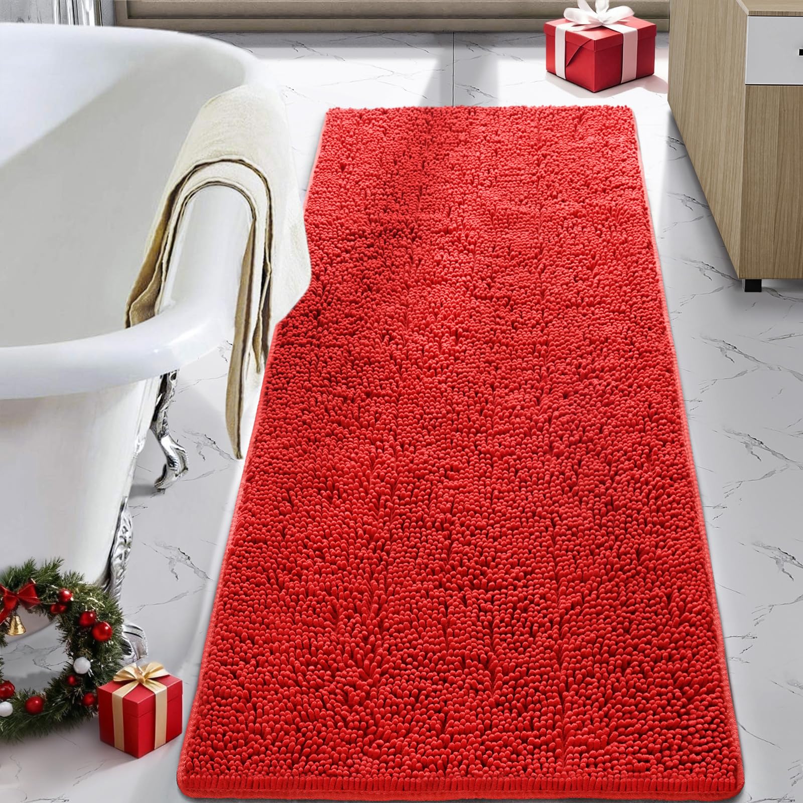 LOCHAS front view of red bath mat runner showing plush pile and color