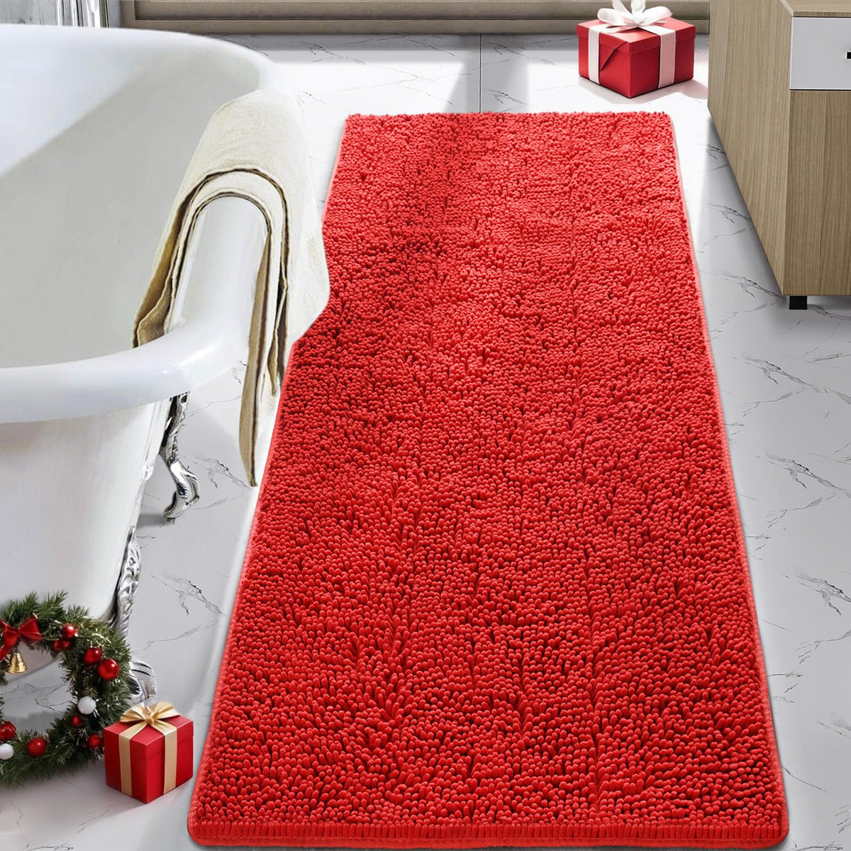 LOCHAS front view of red bath mat runner showing plush pile and color
