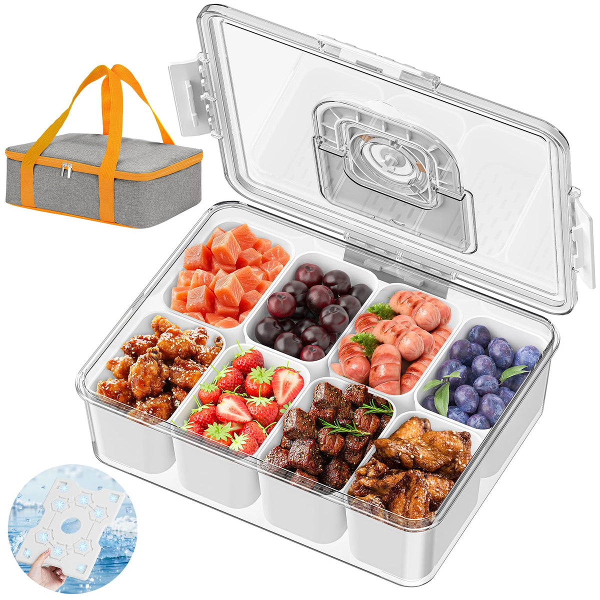 Locliki front view showing closed snackle box and benefits of portable chilled storage