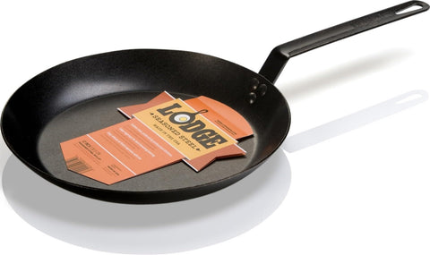 Lodge 12-inch skillet front view showing ready-to-use seasoning and even cooking surface benefit