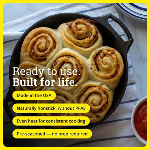 Lodge skillet dual loop handles close-up for safe transport