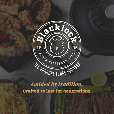 Lodge Blacklock packaging label showing handcrafted USA origin and heritage benefit