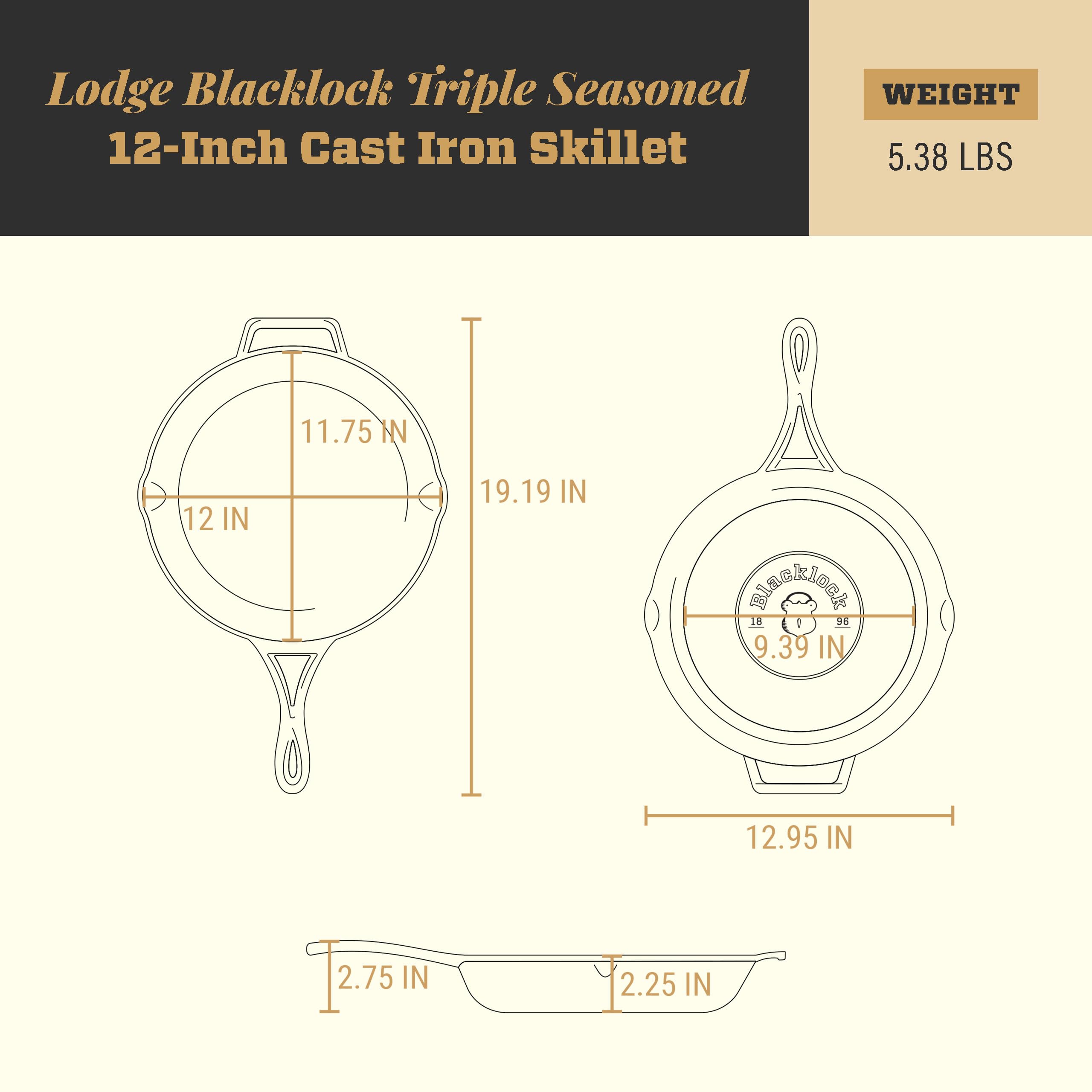 Lodge Blacklock side profile next to ruler showing lighter-weight size benefit