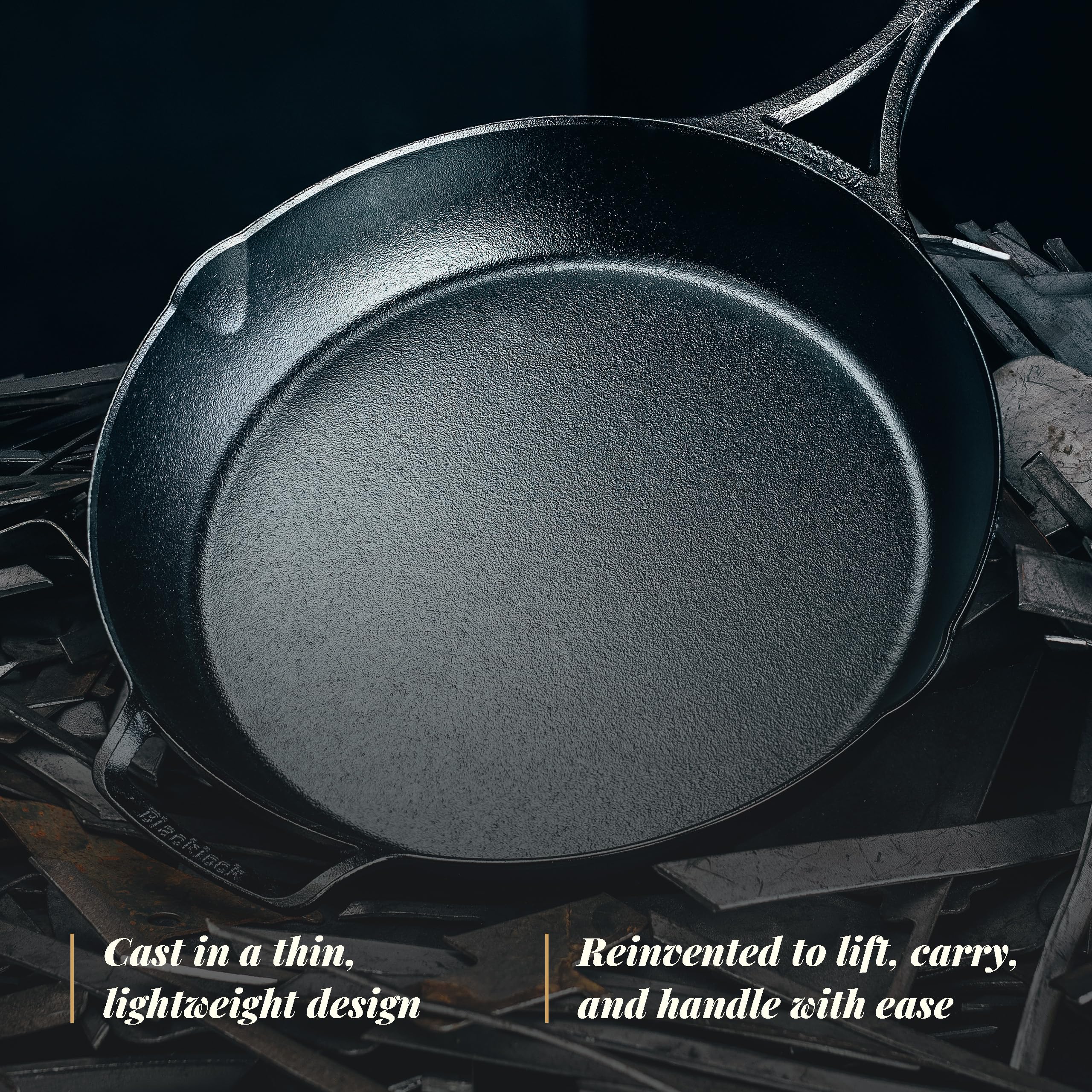 Lodge Blacklock textured pan surface highlighting triple-seasoned nonstick benefit