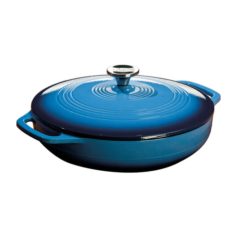 Lodge braiser front view in Caribbean Blue showing sleek finish and durable design for attractive serving