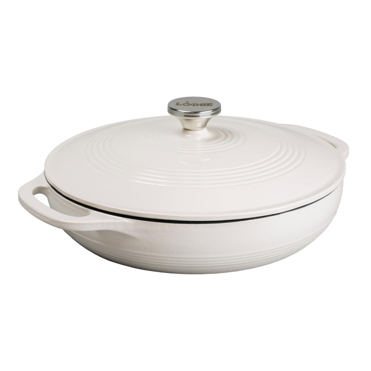 Lodge braiser front view in oyster white showing stylish serving appeal and heat retention
