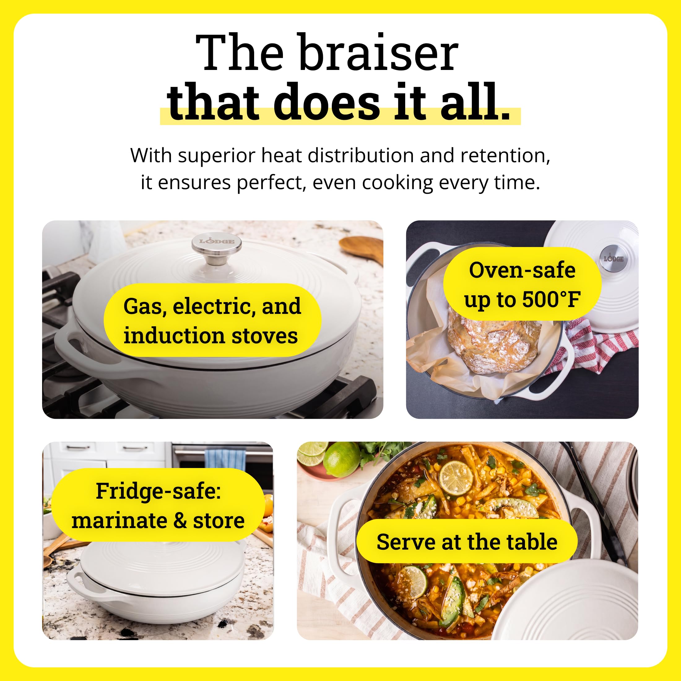 Lodge braiser scale beside utensils showing 3.6 quart capacity and family-size portioning