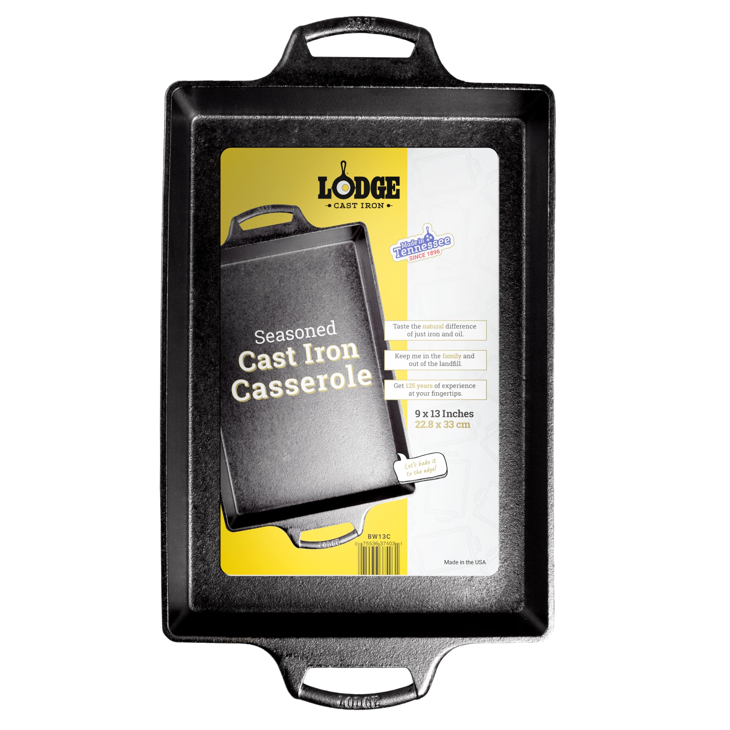 Lodge casserole pan front view showing rectangular shape and even bake surface benefit
