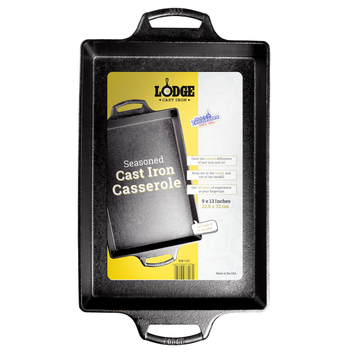 Lodge casserole pan front view showing rectangular shape and even bake surface benefit