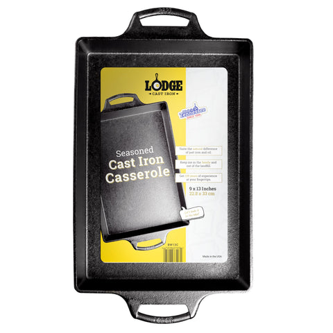 Lodge casserole pan front view showing rectangular shape and even bake surface benefit