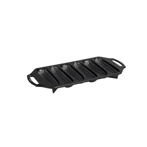 Lodge cornstick pan front view showing durable cast iron and safe handles for stable baking