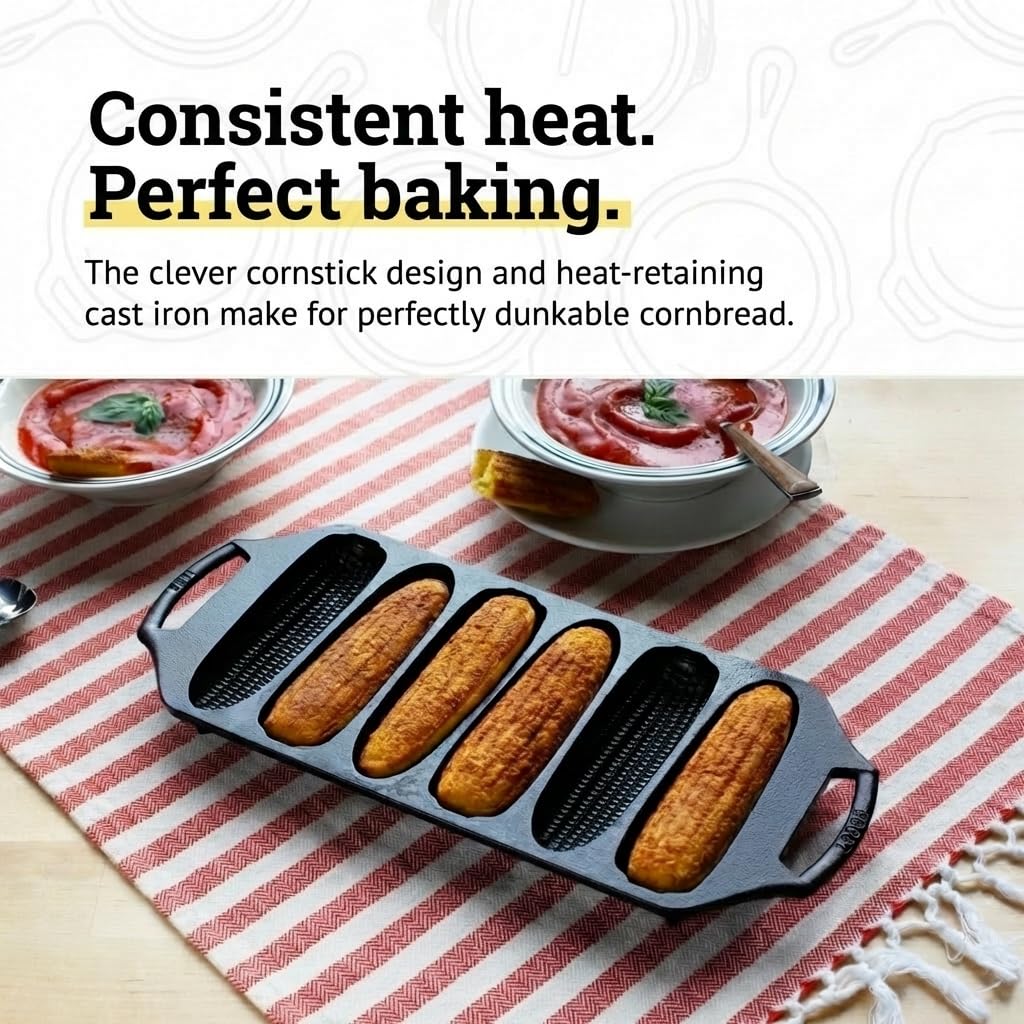 Lodge cornstick pan seasoned surface detail showing nonstick finish and improved release