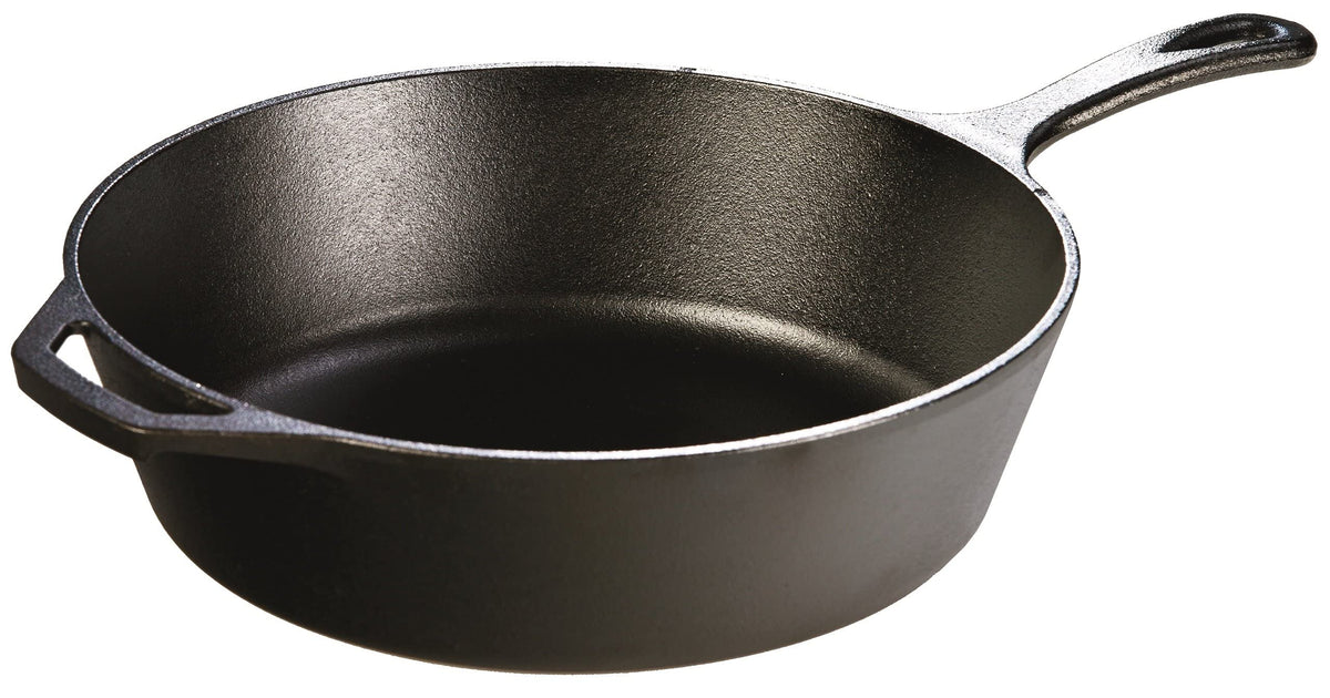 Lodge deep skillet front view showing sturdy cast iron and assist handle for stability
