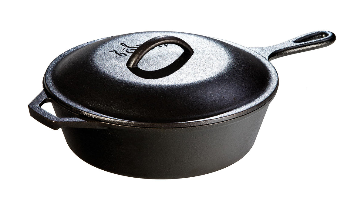 Lodge deep skillet front view showing cast iron finish and dual handles for durability