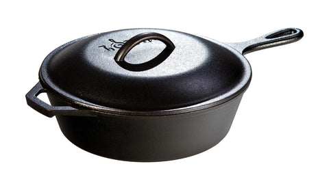 Lodge deep skillet front view showing cast iron finish and dual handles for durability
