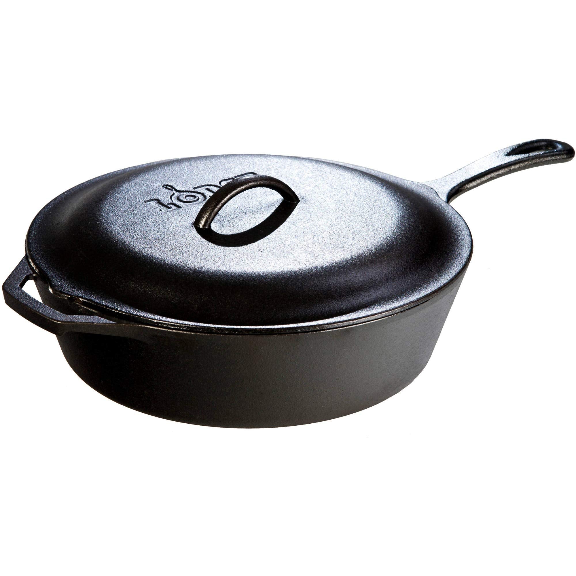 Lodge deep skillet front view showing handle and lid, durable cooking solution