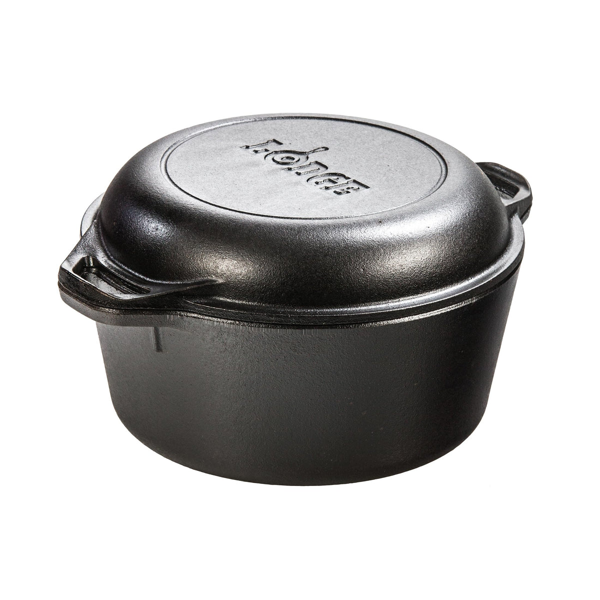 Lodge double Dutch oven front view showing sturdy design and versatility