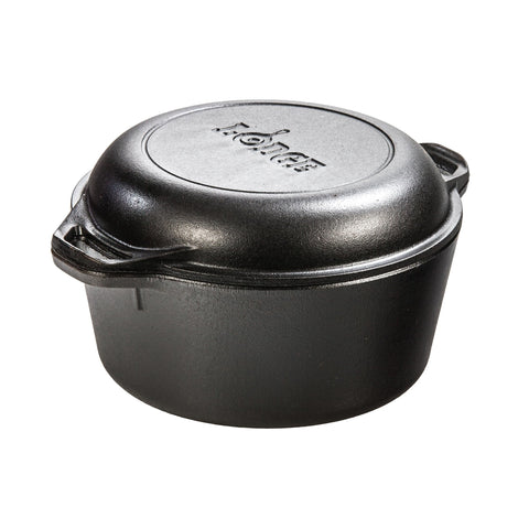 Lodge double Dutch oven front view showing sturdy design and versatility