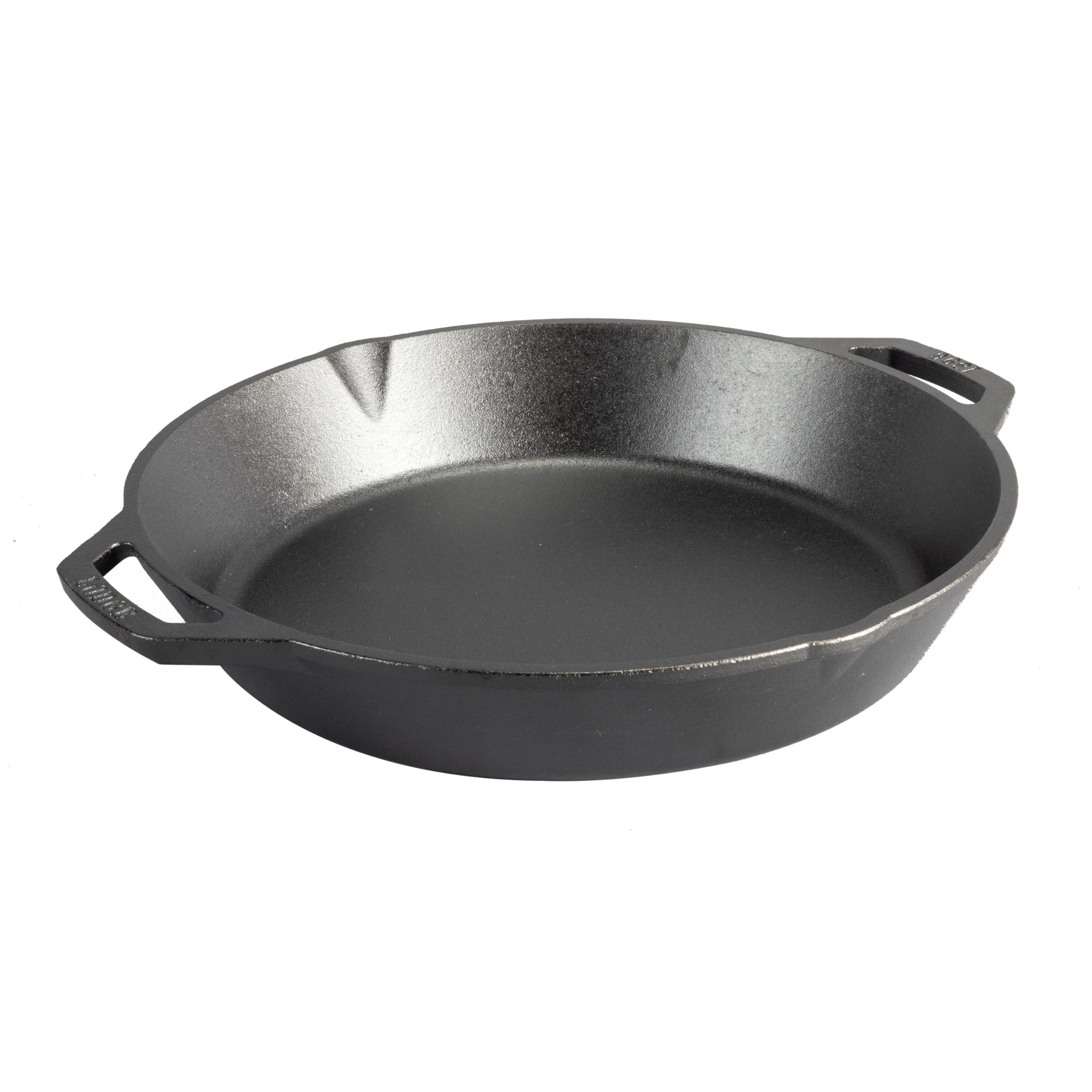 Lodge pan front view showing dual handles and large cooking surface for easier serving