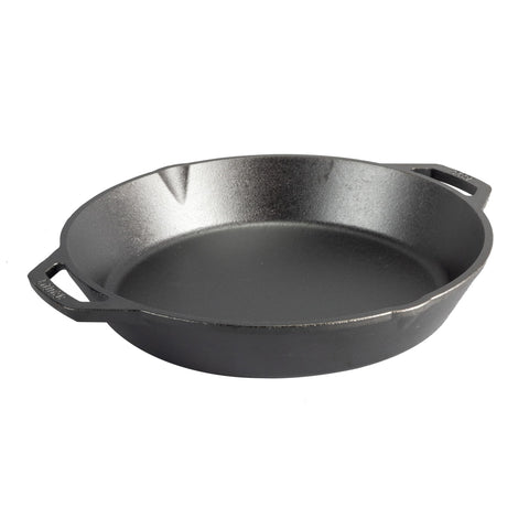 Lodge pan front view showing dual handles and large cooking surface for easier serving