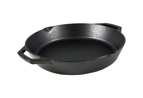 Lodge dual-handle pan front view showing durable cast iron and easy lifting