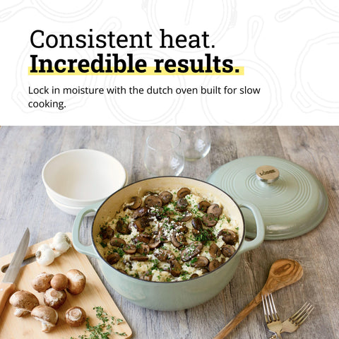 Lodge Dutch oven easy‑grip dual handle closeup for secure stovetop and oven transfer