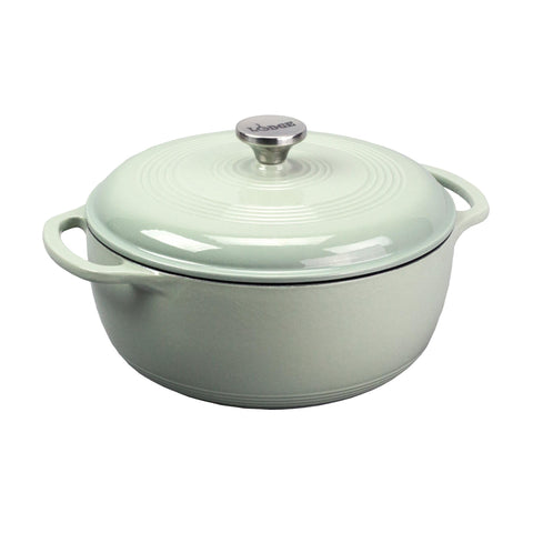 Lodge Dutch oven front in desert sage showing sleek enamel finish and versatile style