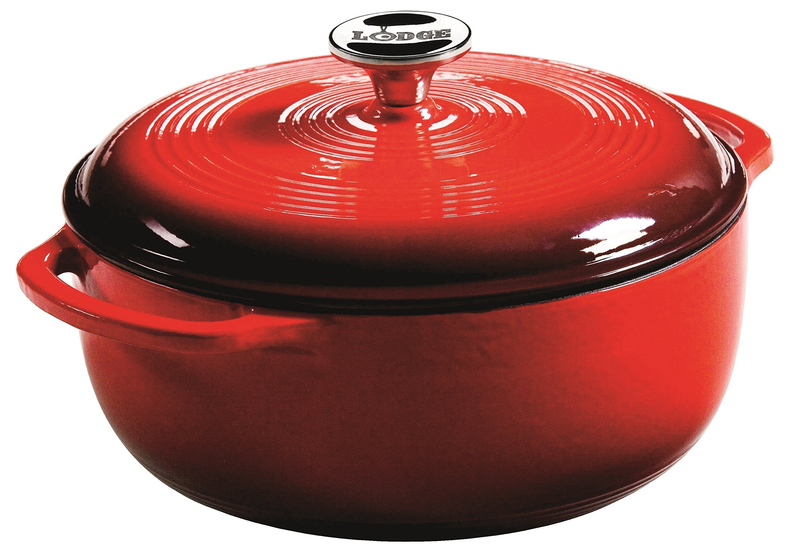Lodge Dutch oven front view in Island Spice Red showing size and serving-ready look