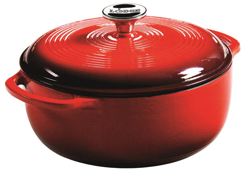 Lodge Dutch oven front view in Island Spice Red showing size and serving-ready look