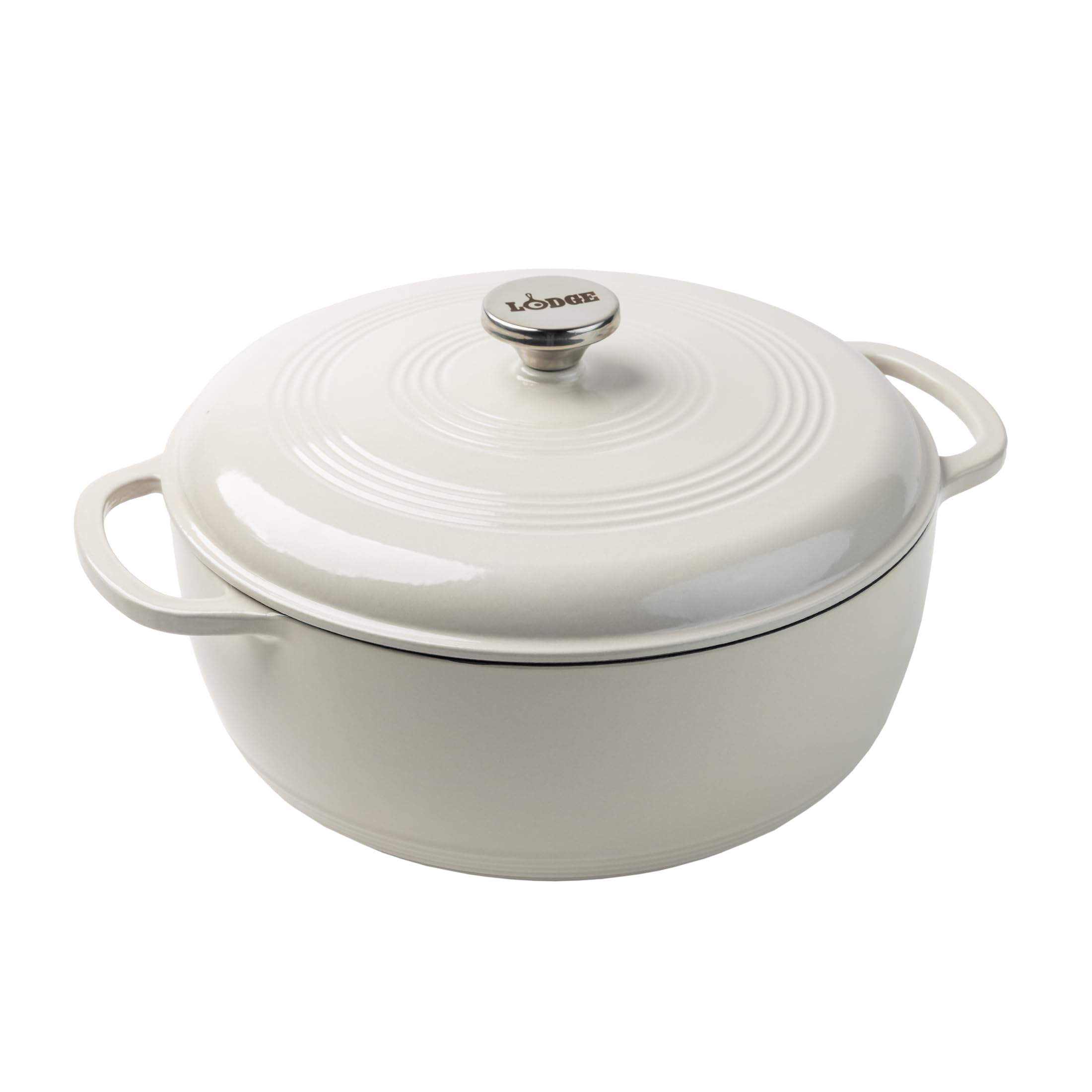 Lodge enamel Dutch oven front view showcasing oyster white finish and stylish design benefit