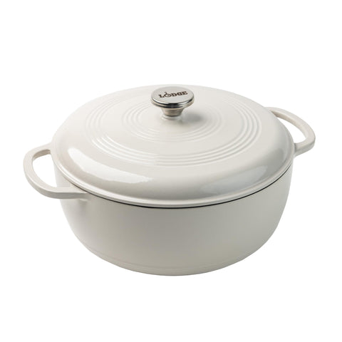 Lodge enamel Dutch oven front view showcasing oyster white finish and stylish design benefit