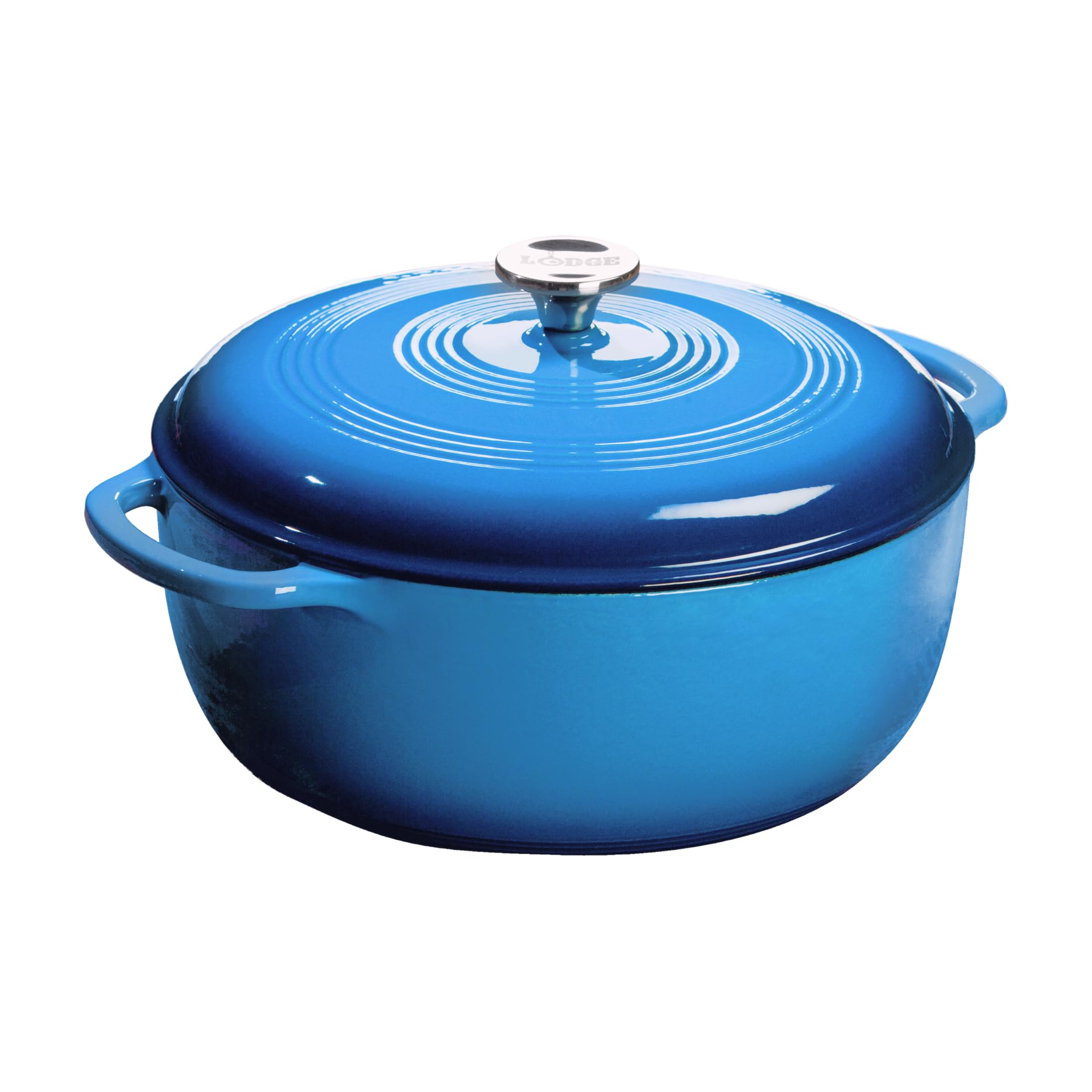 Lodge Dutch oven front view in Caribbean Blue showing stylish serving-ready finish