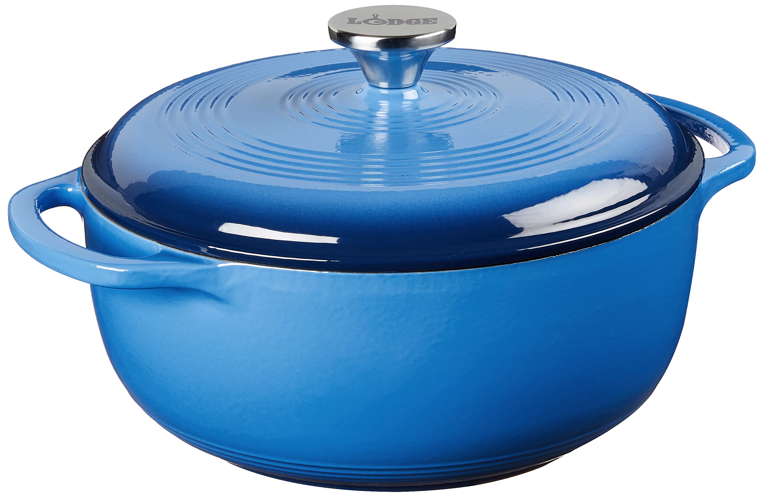 Lodge Dutch oven front view in Caribbean Blue showing durable enamel and color