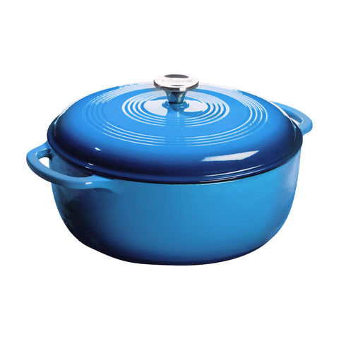 Lodge Dutch oven front view in Caribbean Blue showing stylish serving-ready finish