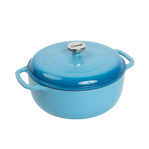 Lodge front view of cornflower blue Dutch oven showing capacity and color benefit