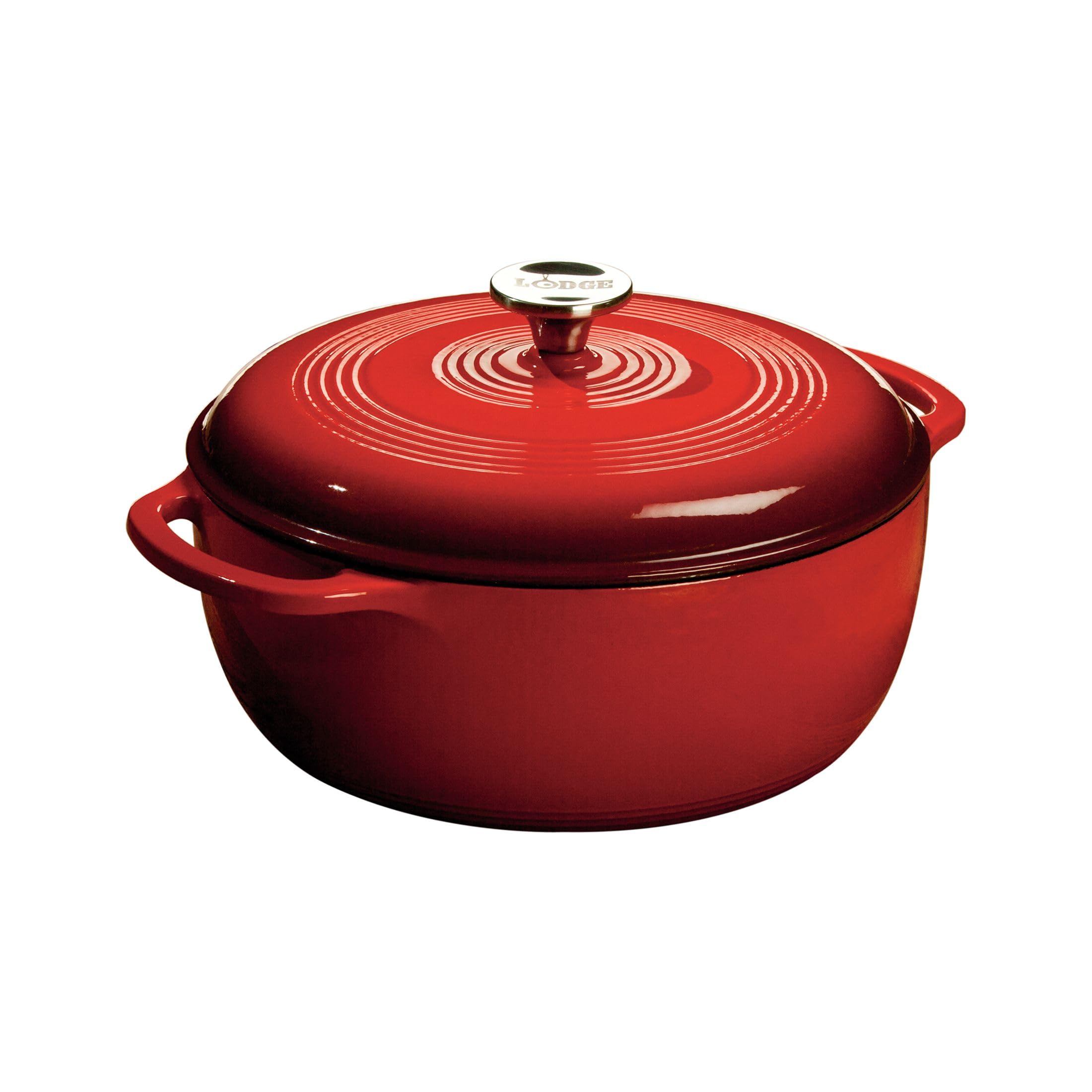 Lodge Dutch oven front view in Island Spice Red showing polished enamel and serving-ready look
